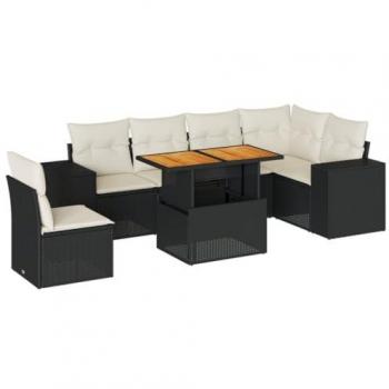 7-Piece Black Poly Rattan Garden Sofa Set with Cushions