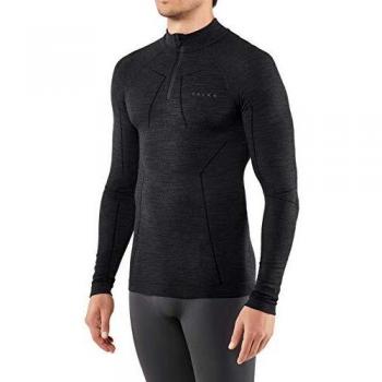FALKE Men Wool Tech. Zip Long Sleeve Shirt - Merino Wool Blend, Black