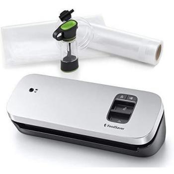 FoodSaver VS1190X - Envasadora al vacío de alimentos compacta con accesorio sellador manual, 1 rollo pequeño y 5 bolsas pequeñas, color plata con detalles negros