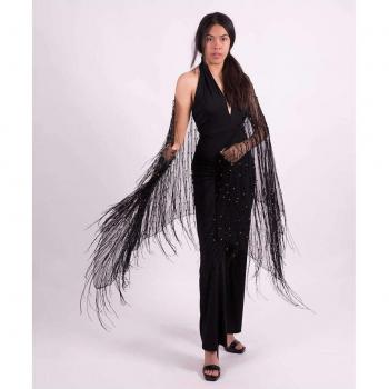 Chal de fiesta con flecos y detalles en tul, elegante y sofisticado en color negro