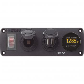 Blue Sea Systems 4366 Water Resistant USB Accessory Panel - Circuit Breaker, 12V Socket, Dual USB Charger, Mini Voltmeter