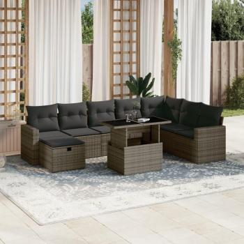 9-Piece Grey Poly Rattan Garden Sofa Set with Cushions