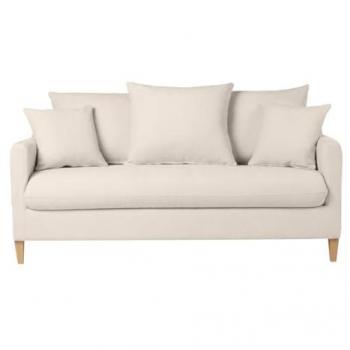Sofá Cama Nórdico 3 Plazas de Tela Efecto Aterciopelado Beige y Madera Clara Louise