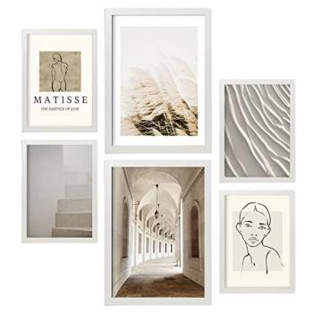 6 Cuadros Decorativos Matisse - Láminas de Fotografía e Ilustración Arte Lineal para Enmarcar en Salón y Comedor (A3 y A4) con Marco Blanco