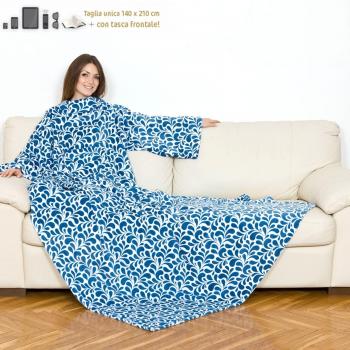 Kanguru Deluxe manta azul y blanco patrón de flores 140 x 210 cm XXL Ultra suave manta con bolsillo en el pecho y las mangas