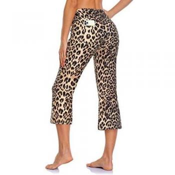 MOVE BEYOND Pantalones Piratas de Yoga Bootcut para Mujer con 4 Bolsillos Pantalón Corte de Bota de Cintura Alta para Vestir Pilates Fitness Entrenamiento, Capris, Leopardo, L