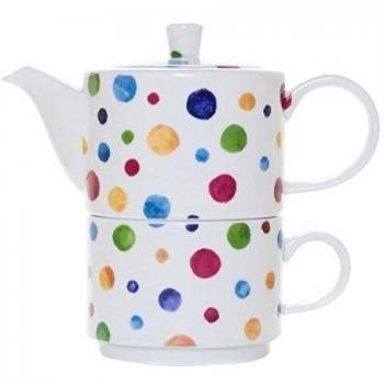 La Cija Dots Tea for One - Set de porcelana con taza y tetera de uso individual, color blanco