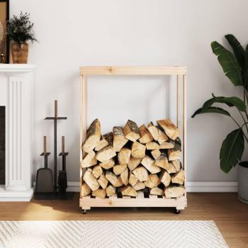 Leñero con Ruedas de Madera Maciza de Pino 76,5x40x108 cm - Estante Soporte para Leña Troncos Color Marrón, Blanco, Negro y más