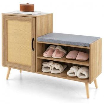 Rattan Shoe Storage Bench with Adjustable Shelves and Washable Cushion