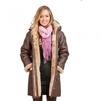 Infinity Women's Brown Hooded Sheepskin Leather Duffle Coat - Size 18 UK / EU 46