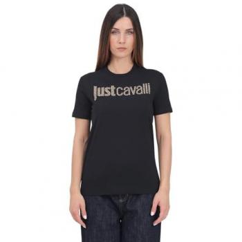 Just Cavalli Women's Black T-Shirt with Studded Logo - Size S