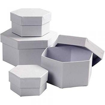 Cajas hexagonales de cartón blanco - Set de 4 piezas - Alturas: 4, 5, 6, 7 cm y Diámetros: 6,5, 8, 10, 12 cm