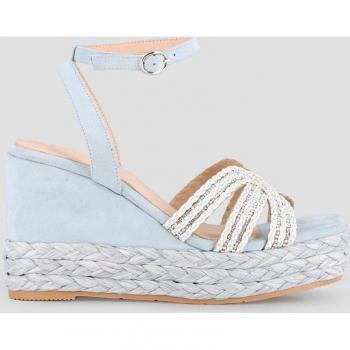 Sandalias de cuña de mujer Blogger MIRANDA en color azul con adorno de rafia trenzado y cierre de hebilla