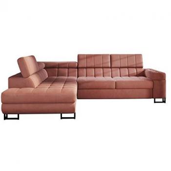Sofá Rinconero Comfivo 232 con Función de Descanso y Caja de Ropa de Cama, 271x203x71cm, Tapizado en Magic Velvet Rosa