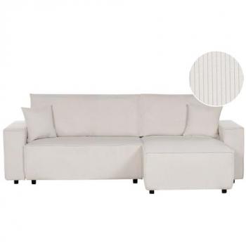 Sofá cama esquinero de tela blanca crema con función extraíble, respaldo tapizado y cojines adicionales, lado izquierdo Abacka