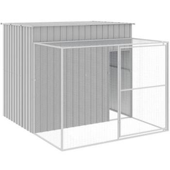 Caseta de perros con corral, fabricada en acero galvanizado, color gris claro, dimensiones 214x253x181 cm