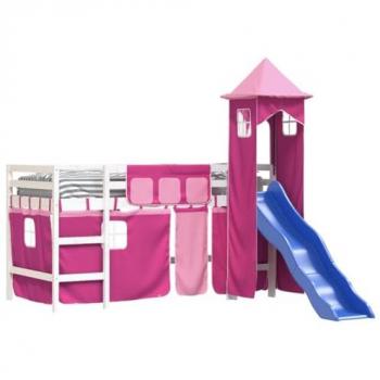 Cama alta para niños con torre de madera de pino rosa 80x200 cm
