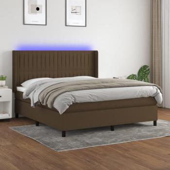 Cama box spring con colchón suave y luces LED, tela marrón oscuro, 160x200 cm