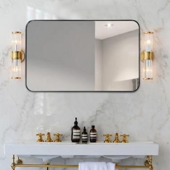 Black Metal and MDF Rectangle Wall-Mounted Bathroom Mirror (32x20)