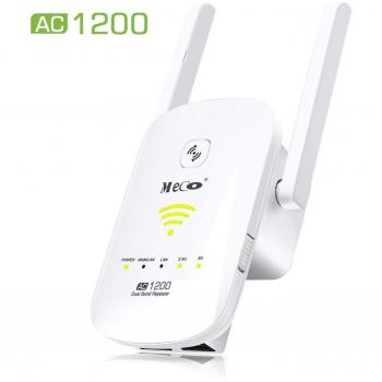 Repetidor Wifi MECO AC1200 Wifi Repetidor Amplificador Señal Extensor de Red Wifi Banda Dual 2.4 GHz y 5 GHz, Wifi Roaming Transparente Proteja sus datos, con 2 Puertos Ethernet Blanco