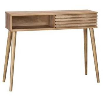 Consola Escandinava Efecto Madera Natural con Puerta Corredera Acanalada y Almacenamiento, 100cm, 29x100x81 cm