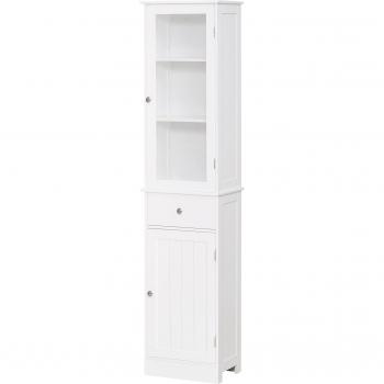 Armario Alto Auxiliar para Baño Moderno 2 Puertas Estantes Ajustables 1 Cajón Blanco 40x27x171,5 cm