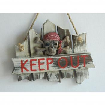 Letrero para puerta de madera de estilo marinero, diseño pirata y con el texto en inglés KEEP OUT