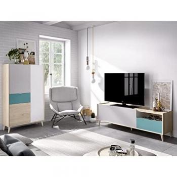 Composición de Salón Nova 4 con Mueble TV y Aparador Alto en Melamina Natural, Esmeralda, Gris y Blanco