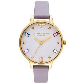 Reloj de Cuarzo 3H, Caja de Acero PVD Oro Amarillo de 34 mm, Esfera Blanca con marcadores de Cristales. Correa de Cuero Color Lila.