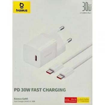 Cargador de red Baseus GaN5 Mini 30W USB-C con cable, blanco