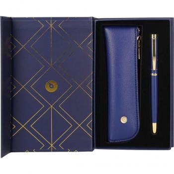 Pluma y estuche Belius Soiree Color Art Deco Azul Marino y Dorado con tinta azul en caja de diseño