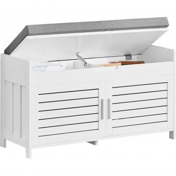 Banco Zapatero con 2 Puertas y Cojín Acolchado de Asiento, Madera Blanca, Dimensiones: 90 x 30 x 46 cm