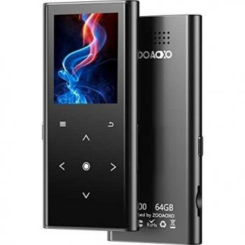 64GB Reproductor MP3, ZOOAOXO Reproductor de Música con Bluetooth 5.2, Altavoz HD Incorporado, Radio FM, Grabadora de Voz, Diseño Mini, Sonido de HiFi, Ideal para Deportes, Auriculares Incluidos