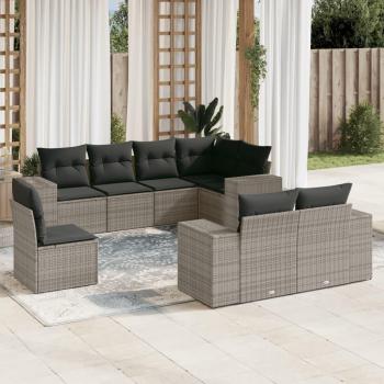 8-Piece Grey Poly Rattan Garden Sofa Set with Cushions