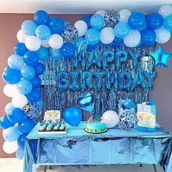 Decoraciones Globos Cumpleaños,Decoración de Cumpleaños para Hombres Azul,Globos de Papel de Aluminio y Látex,Cortina de Manteles de Globos de Cumpleaños para Hombre y Niño