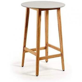 Kave Home - Mesa de Comedor Alta Georgette Redonda Ø 70 cm de Cemento y Patas de Madera Maciza de Teca para Interior y Exterior