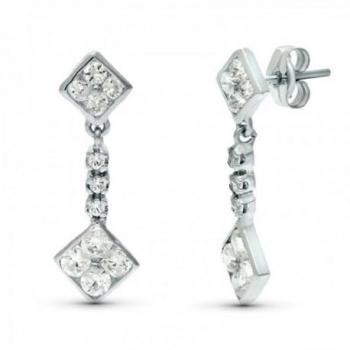 Pendientes largos de oro blanco 18k con dos rombos de circonitas combinados