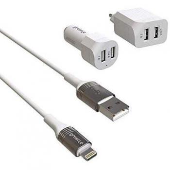 Kit de Carga Ecológico para iPhone con Adaptador de Coche y Enchufe + Cable Lightning MFi 1,3m Blanco