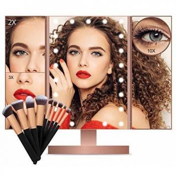 FASCINATE Espejo de Maquillaje, Espejo de Mesa Tríptico con Aumento 1X/2X/3X/10X 21 Leds,Espejo Maquillaje con Luz Rotación de 180° Espejo
