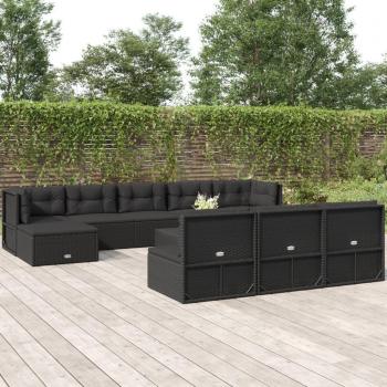 10-Piece Black Poly Rattan Outdoor Lounge Set with Cushions
