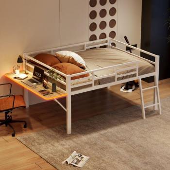 Cama alta metálica 140 x 200 cm para niños con tira de luz LED y escritorio plegable, sin colchón, color blanco