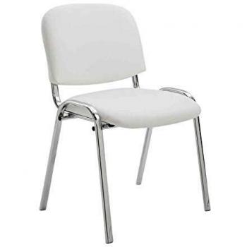 Silla de Conferencia Ken, Apilable, con Tapizado en Piel Sintética Blanca y Estructura Metálica Cromada