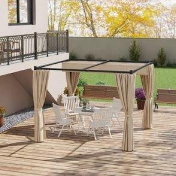 Pérgola de Jardín Outsunny 3x3 m con Techo Retráctil y Paredes Laterales Beige, Marco Metálico Impermeable para Terraza y Patio