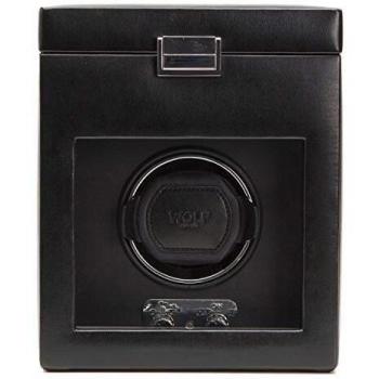 WOLF Heritage 270302 - Single Watch Winder with Tempered Glass Cover and Storage for 2 Extra Watches - Black Vegan Leather - Quiet Motor with Patented Technology - WOLF protect your legacy since 1834