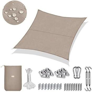 Sekey Toldo Vela de Sombra Impermeable 3x3m Cuadrada con Cuerda y Kit de Montaje Protección Rayos UV, Resistente al Desgarro, para Terraza Balcon Patio Exteriores Jardín, Gris Pardo