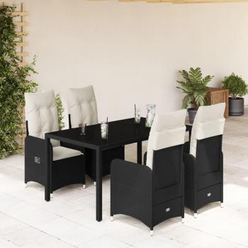 5-Piece Black Poly Rattan Garden Bistro Set with Cushions