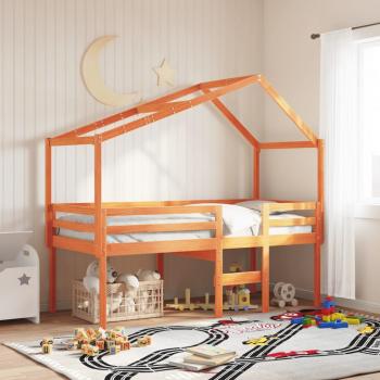 Cama loft de madera de pino con cera marrón, 90x200 cm, altura elevada y techo