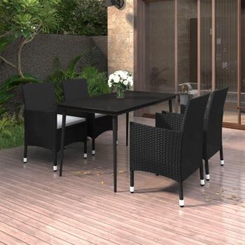 5-Piece Garden Dining Set with Cushions - Poly Rattan and Glass