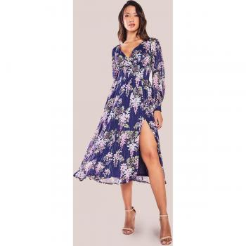 Navy Printed Lurex Chiffon Long Sleeve Midi Dress