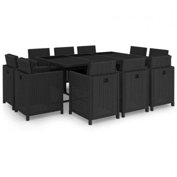 Set de comedor de jardín 11 piezas con cojines de ratán sintético negro